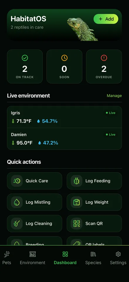 Care timeline listing feedings, sheds, and weight entries